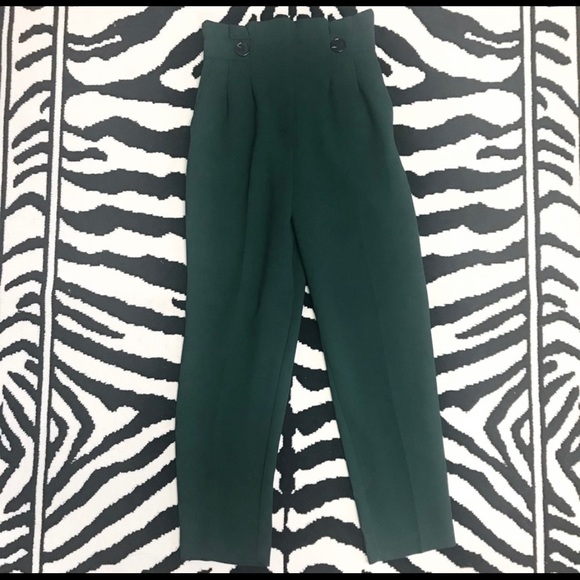 H&M High Waisted Paper Bag Waist Green Pants Sz 2 - Picture 4 of 11